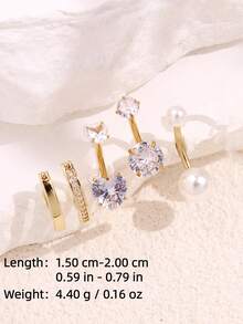 5件套优雅时尚简约性感奢华仿珍珠心形水晶不锈钢肚脐环套装，适合日常佩戴 - 金黃色 - 查看 9