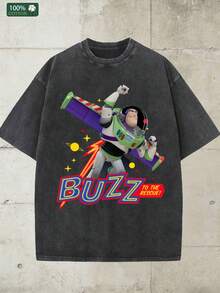 Disney-American Retro Washed Vintage Buzz Lightyear Printed Short Sleeved T-Shirt | Toy Story TO INFINITY AND BEYOND Heavyweight Pure Cotton Loose Top - 黑色 - 查看 3