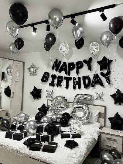 51件套黑色生日快乐横幅气球套装，包含16英寸铝箔生日快乐气球、星形铝箔气球、银黑色灰色纸屑乳胶气球，适用于生日快乐英文字母装饰、派对场景装饰、生日派对、家庭派对背景装饰。