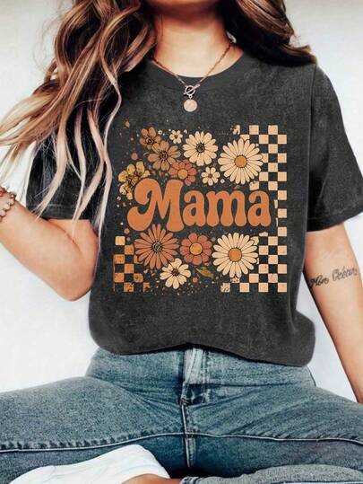 Plus Size Women's Floral Print Short Sleeve Round Neck T-Shirt, High Elasticity Regular Fit, Casual Wear, Special Gift For Mom