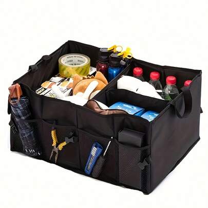 1pc Foldable Car Trunk Organizer With Adjustable Black Buckle, Nylon Compartment Suitable For Backseat, Car Accessories, Organizer Box, Car Trunk Storage, Portable, Versatile Car Storage Solution With Quick Fold Design, Keeps Essentials Neatly Arranged And Accessible, Fits Most Trunk Spaces, Lightweight For Easy Carry, Ideal For Travel, Daily Commutes, And Family Outings