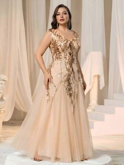 EVERPRETTY Plus Size Women's Elegant Flared Hem Long Formal Evening Dress, V-Neck Short Sleeve Design With Shiny Sequin Decor