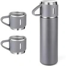 Coffee Thermo Bottle -Vacuum-Insulated Stainless Steel Travel Mug, 500ml Insulated Bottle With Cup For Hot & Cold Drink Travel Mug(Blue, Three Cup) - Bộ màu xám - Xem 8