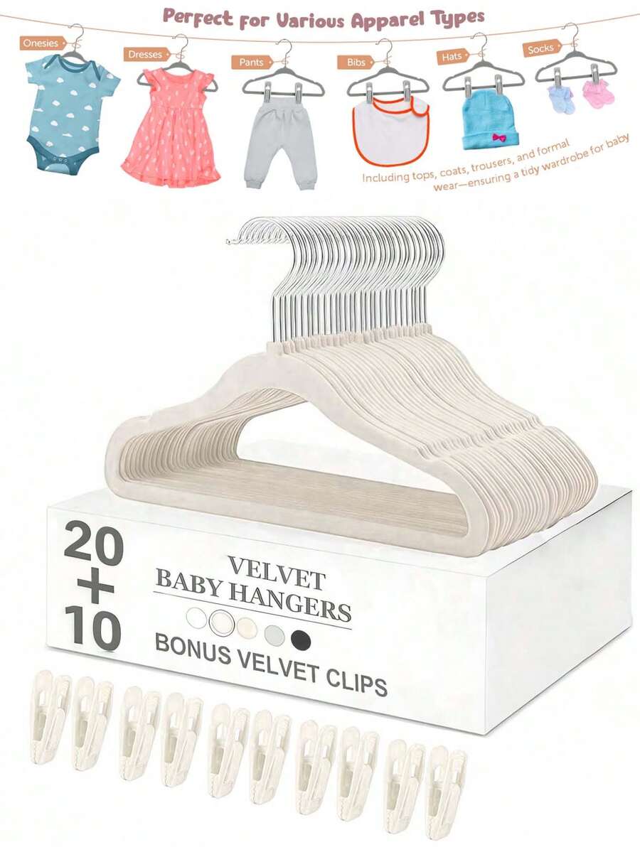 30pcs Hanger Set, Includes 20 Baby Velvet Hangers And 10 Velvet Clips, Clothes Drying Rack For Baby Pants, Hats, Bibs, Sturdy Finger Clips, Non-Slip Children, Toddler, Kids Closet And Daycare Hangers - Multicolor - View 1