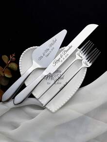 Personalized Wedding Cake Cutting Set (Engraved): Stainless Steel Knife, Serving Spoon, Fork, Cake Cutting Tool Set, Dessert Cutting Utensil Set, Wedding Cake Set, Wedding Gift, Anniversary Gift, Bridal Shower Gift, Reception - Multicolor - View 11