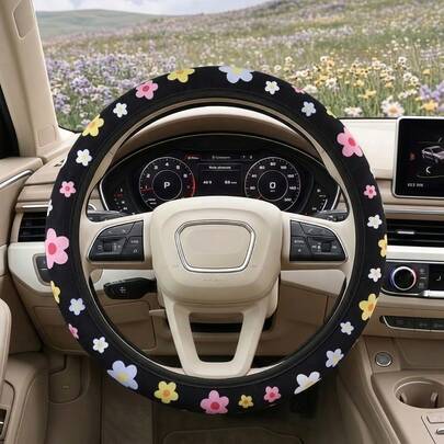 1pc Cute Floral Car Steering Wheel Cover, Non-Slip Wear-Resistant Fashionable, 14.6-15in Universal Size, Easy Installation Breathable, No Inner Ring Steering Wheel Protector, Portable Installation, Suitable For Sedan, SUV, Unisex, Car Interior Accessory