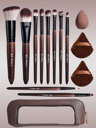  BS-MALL Machiaj precis fără sudură Set de 10 pensule de machiaj din lemn de trandafir + 3 bureți de machiaj + 1 geantă de pensule pentru cafea, pensulă pentru fard de pleoape, pensulă pentru fond de ten, pensulă pentru blush, instrumente de machiaj