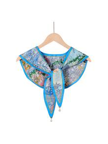 1件女士高端腰果油画风格披肩开衫，带珍珠吊坠领 - 彩色 - 查看 4