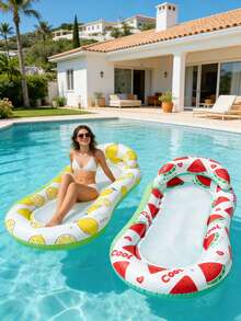 1个充气漂浮床，水果造型，西瓜和柠檬元素，带枕头设计，PVC材质，适用于水面、泳池、沙滩、主题派对，可用作充气水上漂浮物、水上休息座椅、充气漂浮物、游泳池充气筏，充气泵需另行购买。 - 西瓜檸檬躺椅 - 查看 2