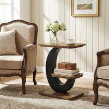 Tribesigns 2-Tier Narrow End Table With Metal Arc-Shaped Frame, Industrial Wooden Side Table, Bedside Nightstand For Living Room, Small Spaces, Bedroom - Nâu và đen - Xem 2