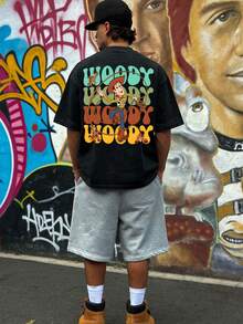 Disney-Toy Story Woody Western Denim Style Printed T-Shirt | Retro Washed And Used | High Loose Short Sleeves - màu đen - Xem 1