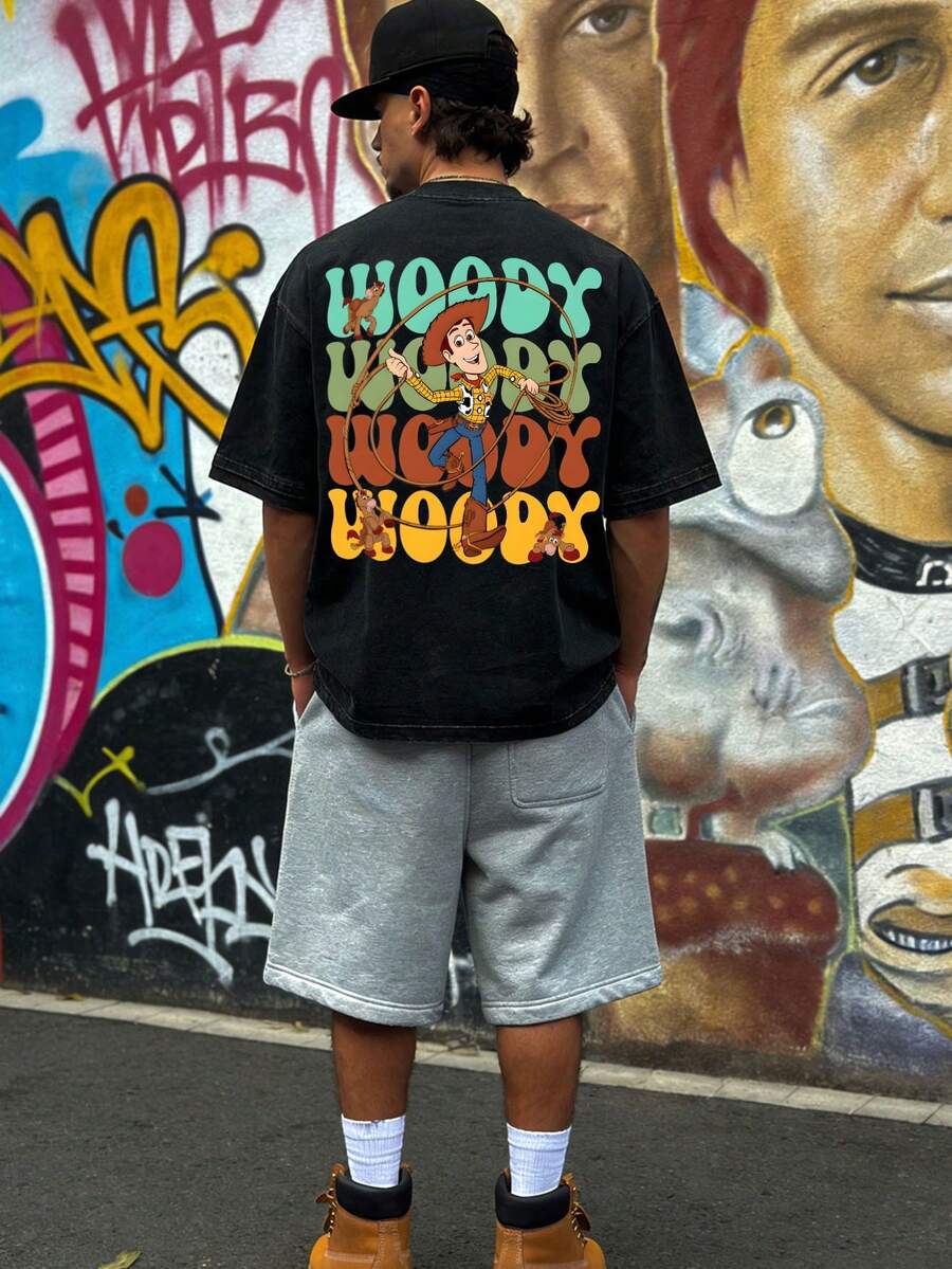 Disney-Toy Story Woody Western Denim Style Printed T-Shirt | Retro Washed And Used | High Loose Short Sleeves - màu đen - Xem 1