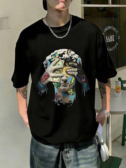  Fractyr 男士休闲街头摇滚嘻哈风宽松短袖T恤 | 大卫涂鸦肖像和美元元素印花 | 精致设计 | 春夏新品 | 基础款，百搭，舒适纯棉 | 送朋友的最佳礼物 | 展现独特个性