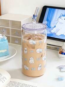 透明盖猫咪图案咖啡吸管杯，家用带盖水杯 - 彩色 - 查看 5