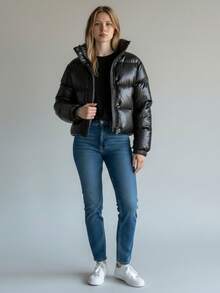 Women's Leather Puffer Jacket With Fleece Lining For Winter - màu đen - Xem 5