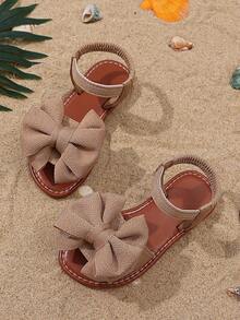 1 Pair Brown Plus Size Girls' Flat Sandals With Knitted Mesh, Oversized Bow Decor, Elastic Strap, Round Toe, Fashionable & Cute, Suitable For 3-15 Years Old Girls, Daily, Casual, Party, Travel, Spring/Summer - Coffee Brown - View 2