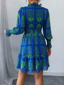 Women's Short Chiffon Dress With Neck Detail - Blue - View 2