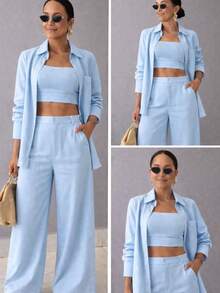 Women's 3-Piece Elegant Linen Three-Piece Set – Including Shirt, Top, And Wide-Leg Trousers (Sizes S, M, L). - Celeste - Ver 1