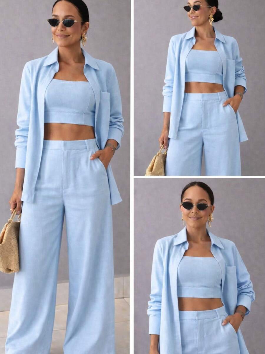 Women's 3-Piece Elegant Linen Three-Piece Set – Including Shirt, Top, And Wide-Leg Trousers (Sizes S, M, L). - Celeste - Ver 1