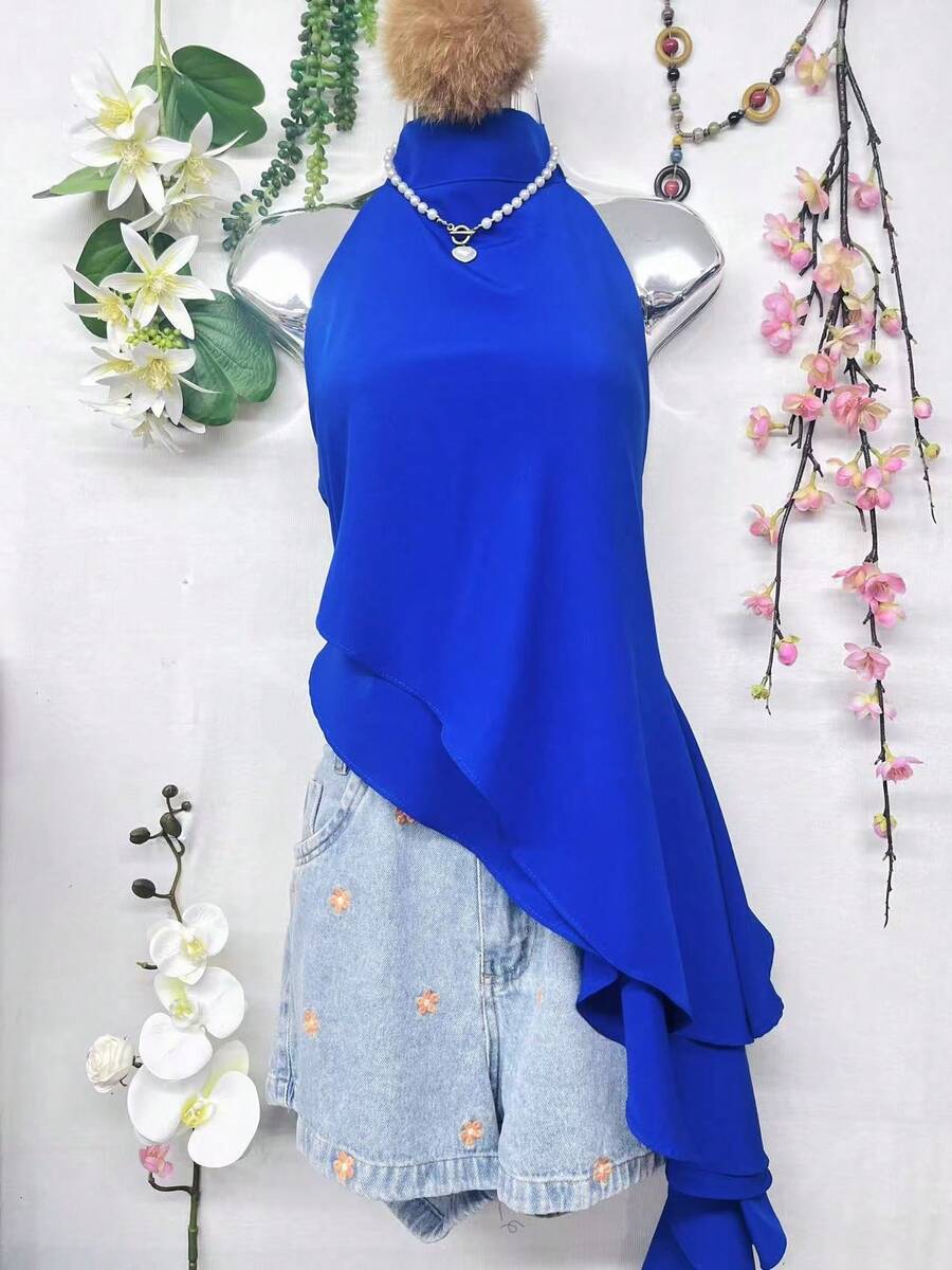 T124 White Sleeveless Turtleneck Blouse, Elegant Asymmetrical Ruffle Design - Royal Blue - View 1
