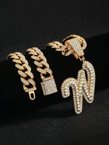 嘻哈风镶钻链，配定制草书字母吊坠，镀金项链，个性化首字母首饰 - 嘻哈字母項鍊 - 查看 33