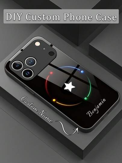 1pc Customized Name, 4-Color Sphere Surround Black Minimalist Business Chic Diamond Star Pattern, Tempered Glass + TPU Soft Edge Shock-Resistant Scratch-Resistant Phone Case Compatible With Apple 17 Pro Max/16 Pro Max/15 Pro/14 Plus/13 Pro/12 Pro Max/11/Xs Max/8/7/6 Plus, S24 Ultra/S25 Ultra, /