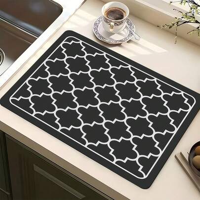 1pc Black Grid Pattern Multipurpose Drying Mat, Polyester Absorbent Countertop Protector Mat, Suitable For Kitchen, Dining Table Decor, Dish Drying, Washing Machine And Coffee Maker Pad, Bathroom Vanity Cup Coaster, Kitchen Accessories, Party Supplies