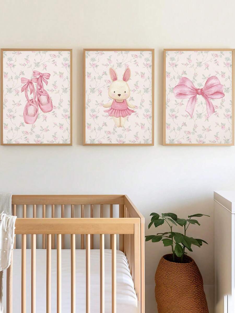 1幅帆布防水装饰海报，儿童房装饰画，带框墙画，芭蕾舞主题儿童房墙画，女孩卧室装饰，芭蕾主题画，复古芭蕾海报，舞蹈主题，适合女孩婴儿房，波西米亚风格婴儿房装饰，墙面挂饰，舞蹈工作室装饰，浴室装饰，幼儿园装饰，婴儿房墙面艺术海报 - 彩色 - 查看 1