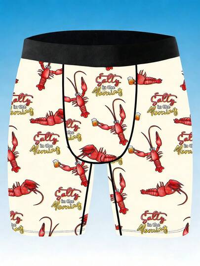 男士趣味单件短裤，小龙虾印花平角内裤，搞怪海鲜啤酒创意印花内裤，针织面料，速干吸汗，柔软亲肤，男士运动休闲平角内裤