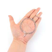 1pc New Classic Initial Cross Pendant Silvery Stainless Steel Figaro Chain Bracelets For Men - Silver - View 3