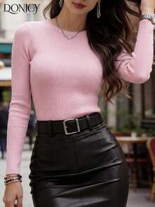 DONICY 女士粉色修身短款上衣，圆领长袖，优雅甜美简约风格，适合春夏户外活动、日常休闲穿着、办公室通勤、节日庆典、情人节、狂欢节等各种场合。 - 粉色 - 查看 3