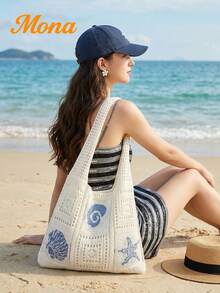 夏季女士日常輕便托特包 海龜圖案鏤空針織鉤編海灘購物袋 開學季書包 - 米色 - 查看 3