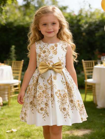 EHOMKIDS Flickor tryckt guld rosett dekor midiklänning, barn bröllopsfest formell klänning