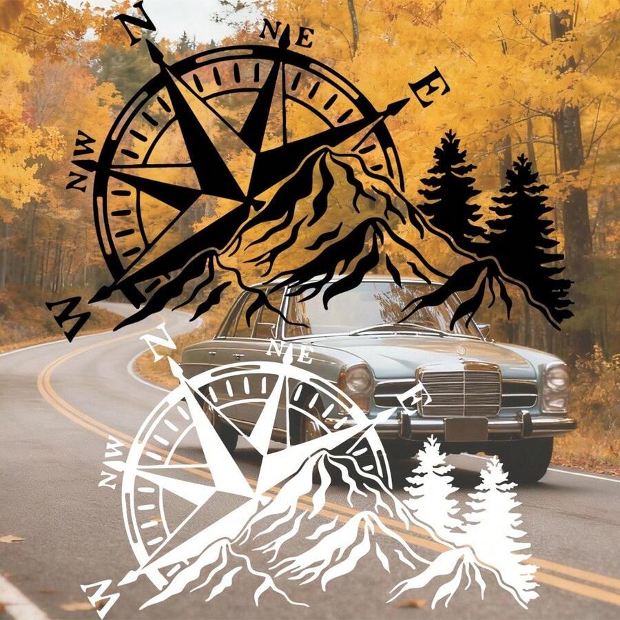 2D Flat Two-Tone Compass Sticker With Mountain And Pine Tree Pattern, Vinyl Material, Self-Adhesive, Semi-Matte Finish, Reusable On Cars, Laptops, Etc. - A - View 1