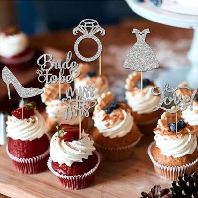 36/12pcs Glitter Bridal Cupcake Stickers With Heart, Ring, And Wedding Dress Shapes; Suitable For Engagement Ceremony, Wedding Party, Creative Cake Decorations, Wedding Cake Decor.