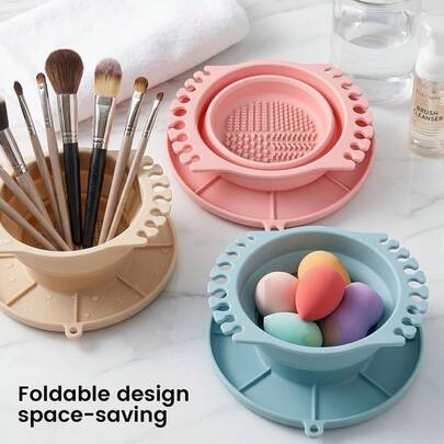 1pc Foldable Silicone Makeup Brush Cleaning & Drying Rack, Textured Base, 3-In-1 Portable Brush Mat, Storage Tray, Suitable For Cosmetic Organization, Travel And Studio Use (Spring Fresh, Easter Gift, Travel Essential, Artist Essential, Vanity Organizer)