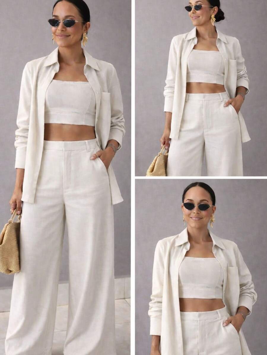 100% Natural Linen Tri-Set – Women's Elegant 3-Piece Set With Shirt, Top And Wide-Leg Pants PMG - White - View 1