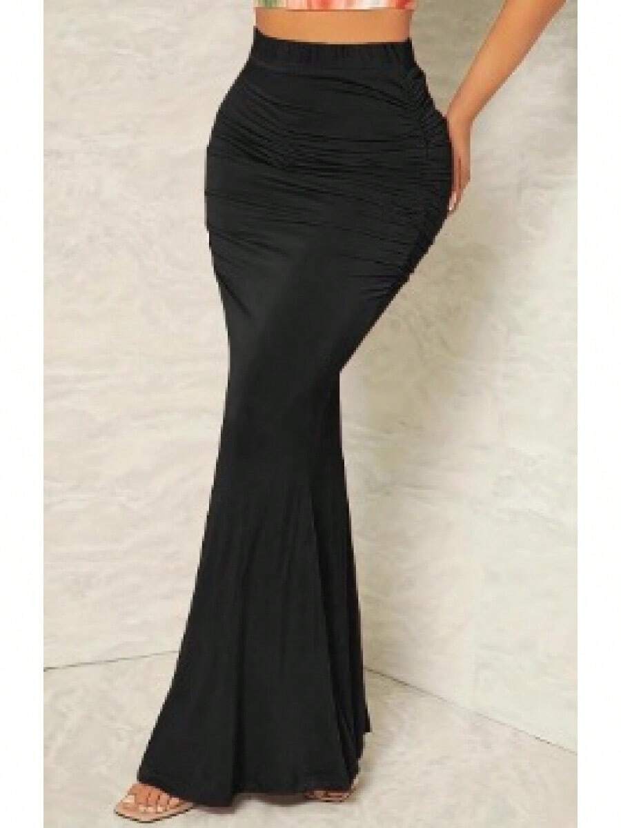 Women High Waist Elastic Pleated Fishtail Skirt Autumn Winter Slimming European American Style Skirt For Daily Casual Party Wear  Fashionable Skirt - 黑色 - 查看 1