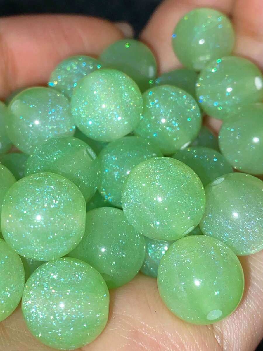 50颗8/12毫米浅绿色闪亮亮片 - 合成圆形珠子，带彩虹光泽，适用于珠宝制作、手链、项链 - 母亲节DIY工艺品，珠宝制作珠子