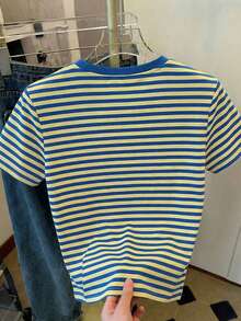 Classic Striped Pink-Brown Y2K Versatile Elegant Summer Outfits For Women, Vacation Outfits, Beach Outfits - Women's Casual Round Neck Short Sleeve Simple T-Shirt - Royal Blue - View 2