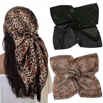 2pcs Silk-Feel Floral Pattern Square Satin Scarf - 35 Inch Large Satin Square Scarf For Women