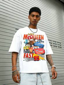 Disney-Lightning McQueen, Everyone Gather! Racing Mobilization Retro Washed Vintage Printed Short Sleeve T-Shirt | American High Street Loose Couple Half Sleeve - 白色 - 查看 1