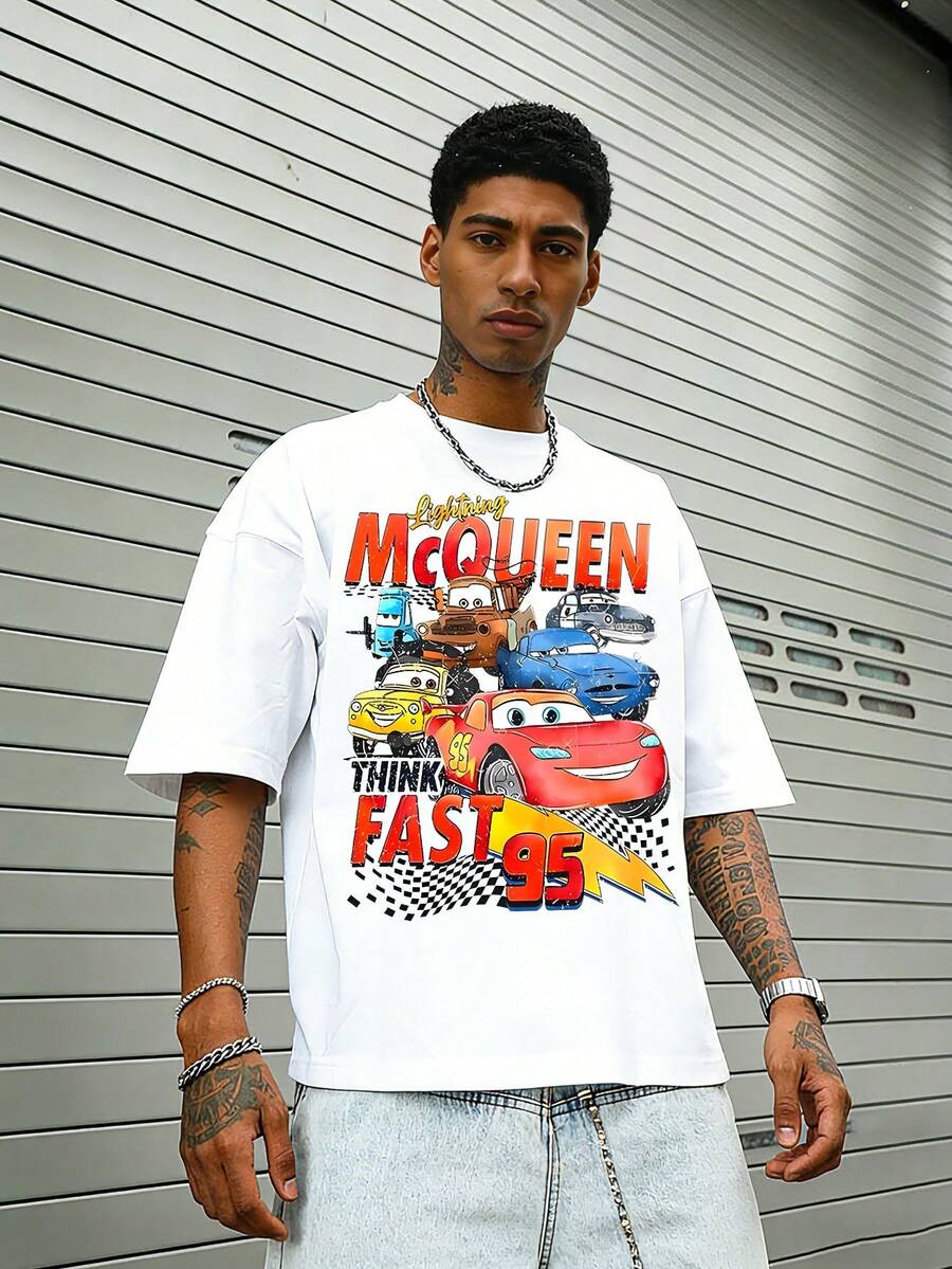 Disney-Lightning McQueen, Everyone Gather! Racing Mobilization Retro Washed Vintage Printed Short Sleeve T-Shirt | American High Street Loose Couple Half Sleeve - 白色 - 查看 1