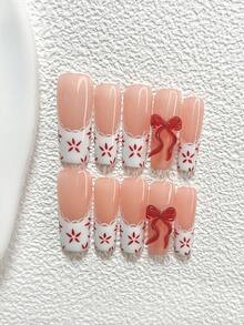 10Pcs Fun French Style Polygel Nail Set,Acrylic Press-On Nails,Red 3D Ribbon Bow,Hand-Painted Red Five-Petaled Flowers, White Lace Trim Nail Art Decoration,White Nail Polish,Suitable For Daily,Reunion,Party,Photograph,Play,Spring Summer,Commute Supplies Nails,Great Gift For Ladies And Girls Press On Nails - 彩色 - 查看 19