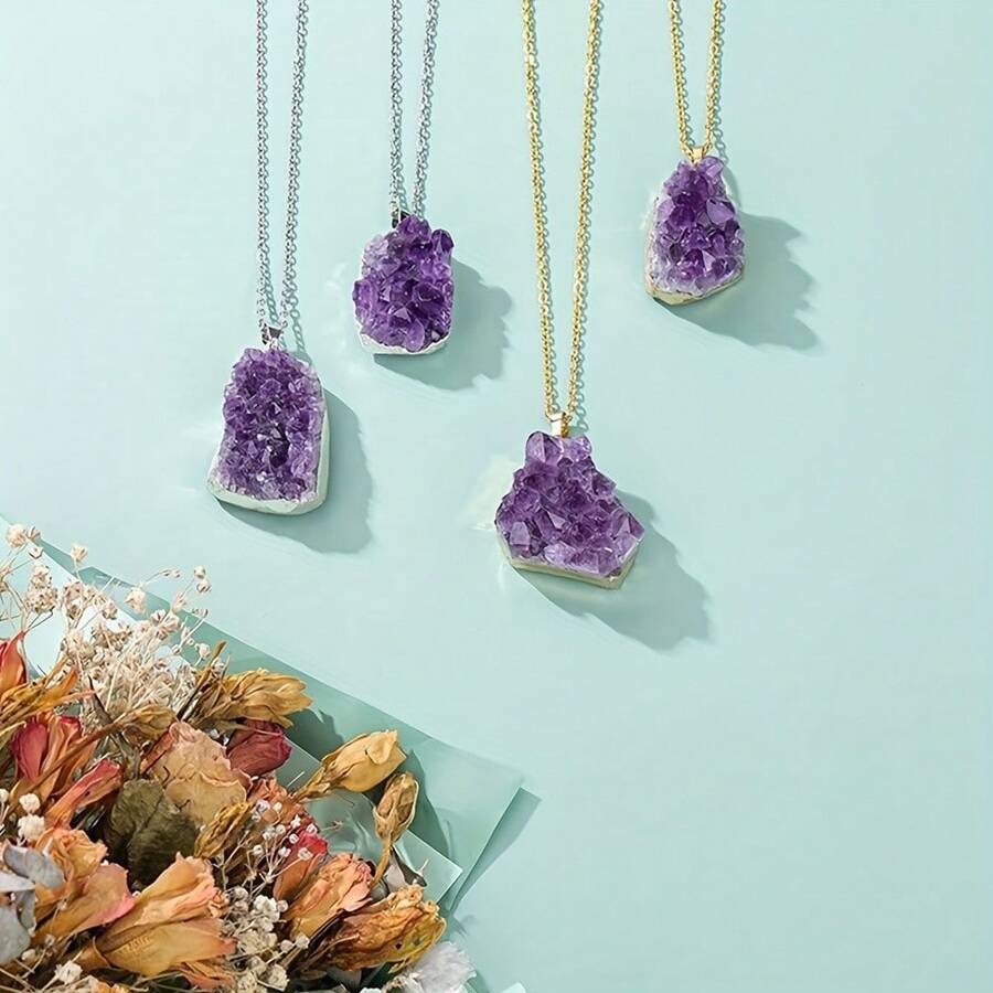 1Pc Natural Amethyst Cluster Crystal Necklace, Healing Energy Purification Spiritual Reiki, Irregular Raw Rough Amethyst Quartz Pendant, Positive Energy Beauty Love Jewelry, Lucky Charm Necklace For Women Men - Multicolor - View 1