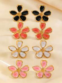1 par de pendientes con diseño de flor irregular esmaltada de acero inoxidable, minimalista, casual, elegante y versátil, adecuado para uso diario, fiestas y eventos de mujeres - Multicolor - Ver 1