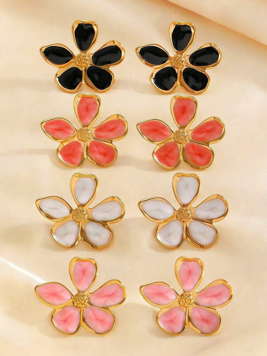 1 par de pendientes con diseño de flor irregular esmaltada de acero inoxidable, minimalista, casual, elegante y versátil, adecuado para uso diario, fiestas y eventos de mujeres - Multicolor - Ver 1
