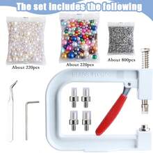 KLONKEE 1.248 peças Kit de Ferramentas de Decoração de Pérolas Feitas à Mão - 5 Opções de Cores (Branco, Vermelho, Rosa, Azul, Dourado), Inclui Pérolas Sem Furos, Máquina de Fixação de Rebite de Pérola, Máquina de Incrustação de Pérola DIY, Pérolas, Rebites, Parafusos, Pinças, Chave Sextavada em L, Adequado para Acessórios de Artesanato DIY, Decoração de Roupas, Chapéus, Calças, Vestidos, Bolsas, Faixas de Cabeça, Etc. - Multicolorido - Visão 10