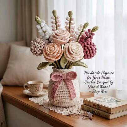 1件装永恒绽放花束钩针编织套装，成人必备钩针DIY（非成品）——初学者钩针套装，包含所有钩针材料、分步视频教程和基础英文说明。生日礼物/情侣礼物/复活节礼物/情人节礼物/新年礼物，手工制作的幸运/贴心礼物，送给家人/朋友/情侣。室内家居装饰，橱柜摆件，窗台装饰。