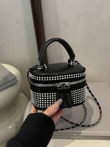 Lightweight Mini Bag, Chain Bag, Quilted Stitching Bag With Rhinestone Decoration, Elegant Texture Suitable For Evening Party - Black - View 4